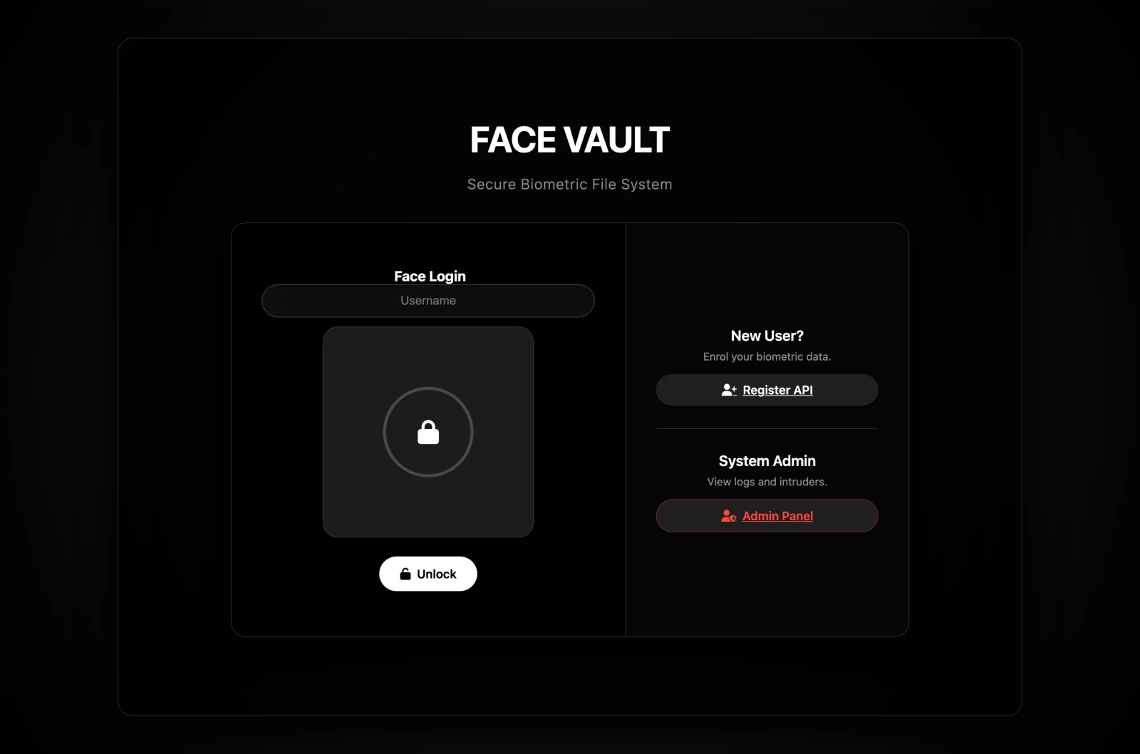 Face Vault landing page with face login and live webcam preview