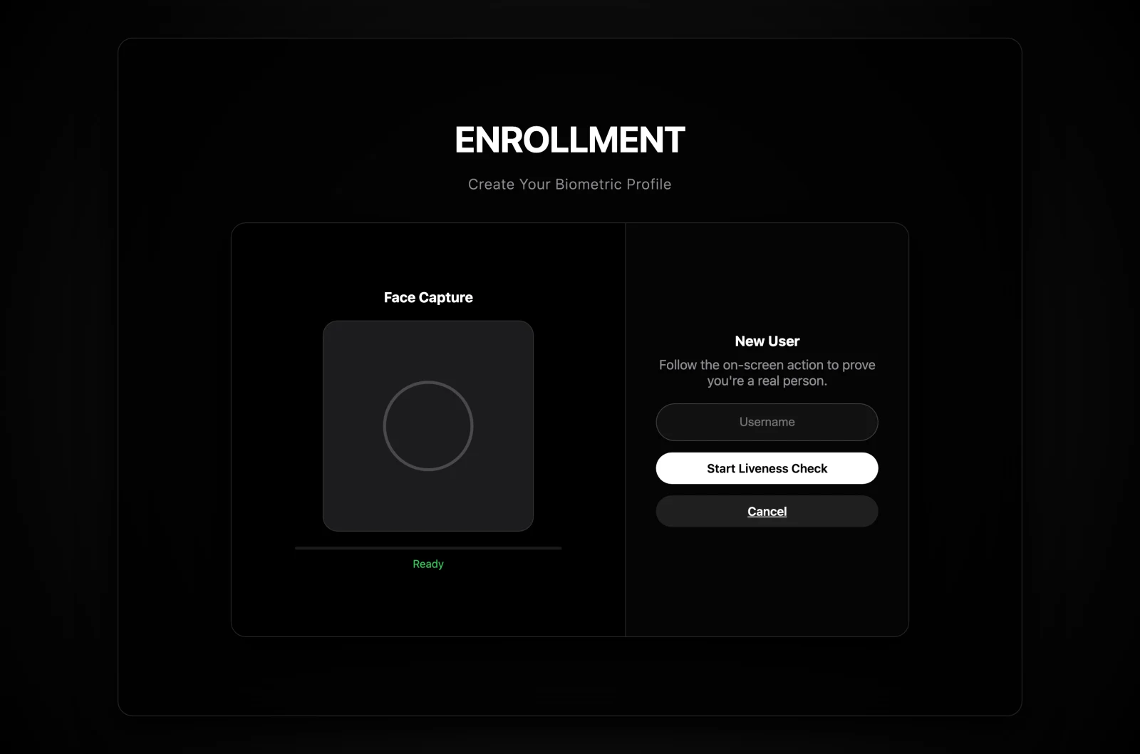 Enrolment screen — face capture panel with liveness progress bar