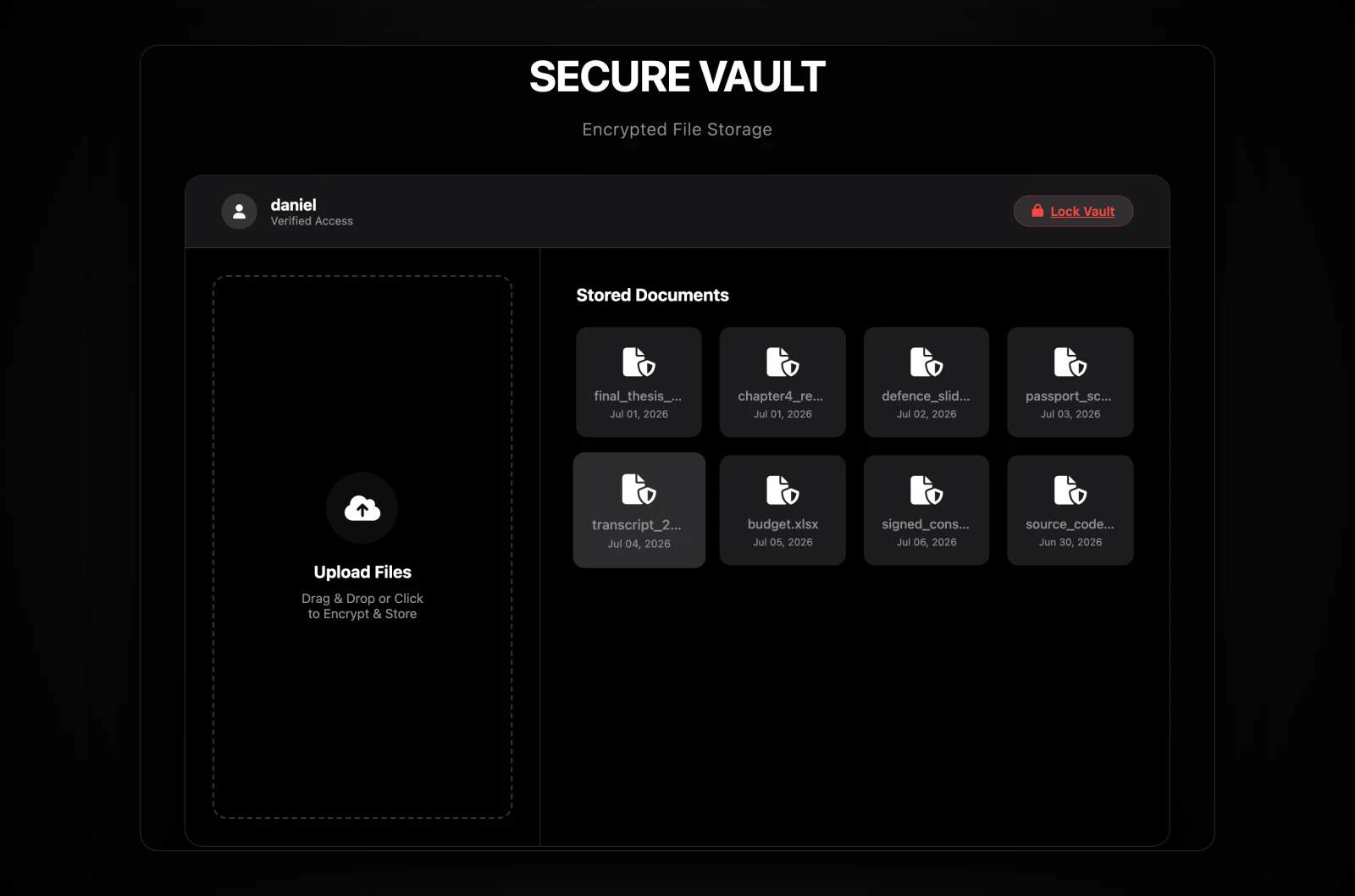 Secure vault dashboard — drag-and-drop upload zone and stored document grid