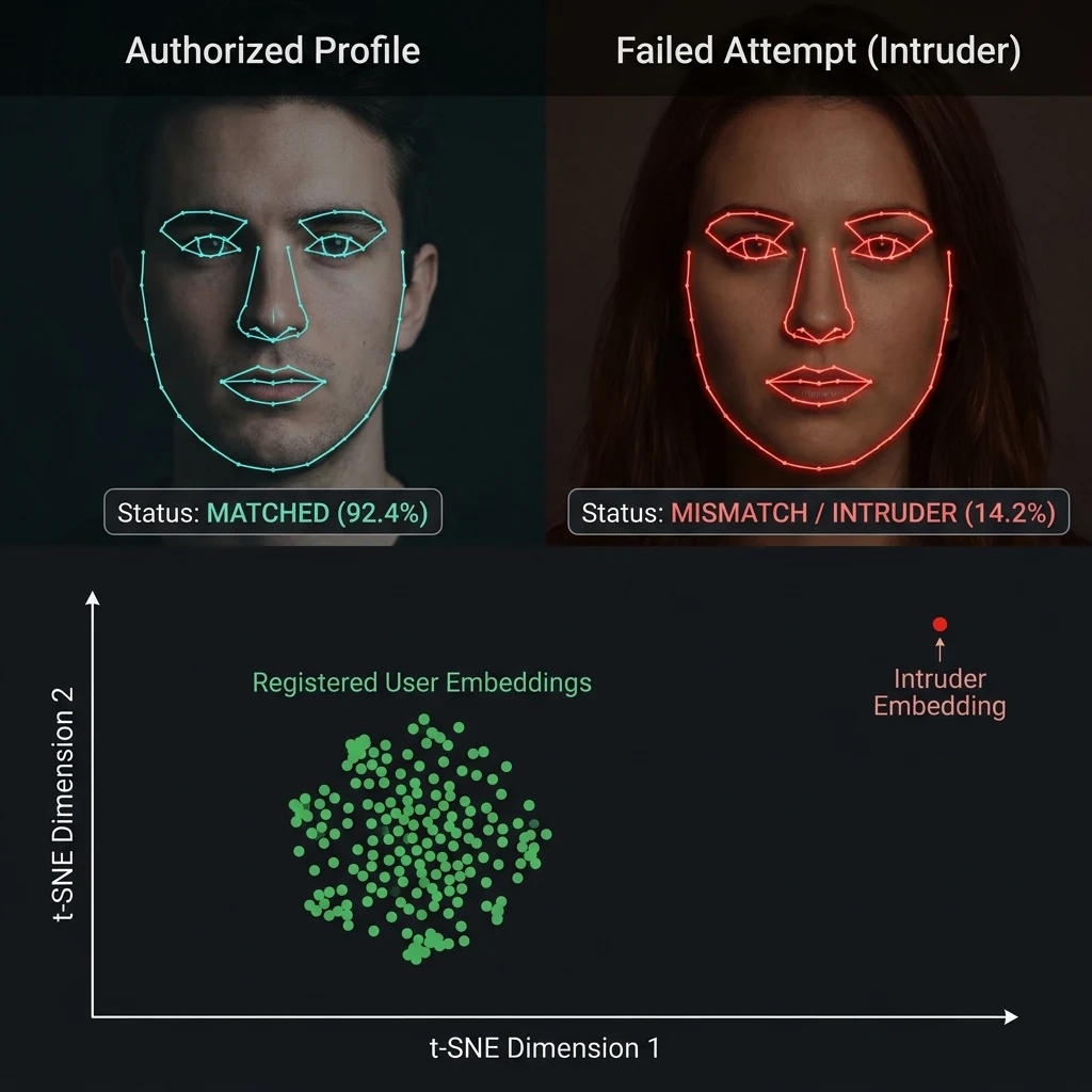 Authorized profile matched at 92.4% versus intruder mismatch at 14.2%, with a t-SNE plot separating user embeddings from the intruder embedding